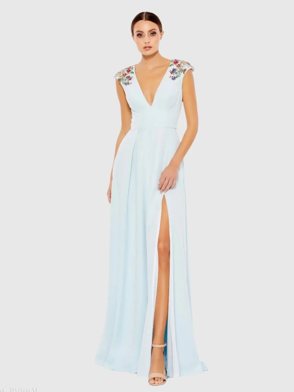 Mac Duggal Pale Blue Embroidered Shoulder Maxi Dress